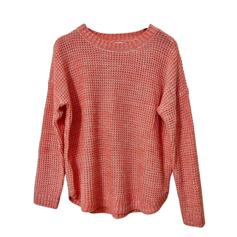 Coral Knit Sweater Crew Neck Long Sleeve Pullover Casual Curved Hem Pastel